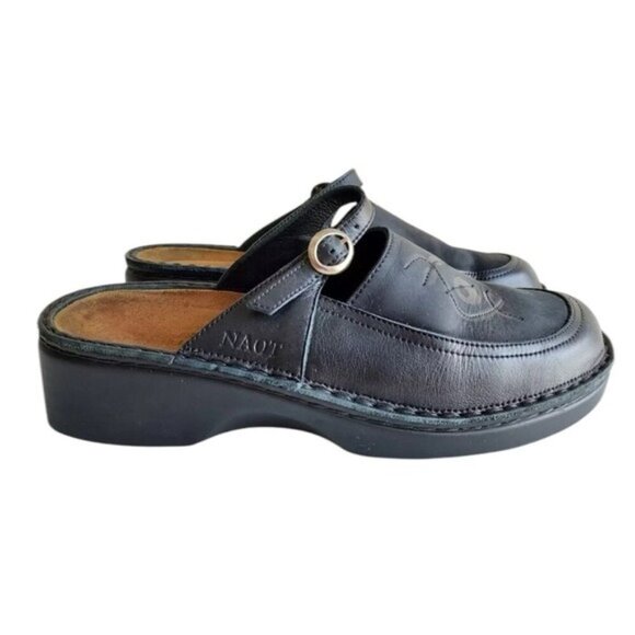 NAOT NAVY LEATHER SLIP ON MULES SLIDES SHOES W/STRAP BUCKLE WOMENS  EU38 US 7 - Picture 1 of 11
